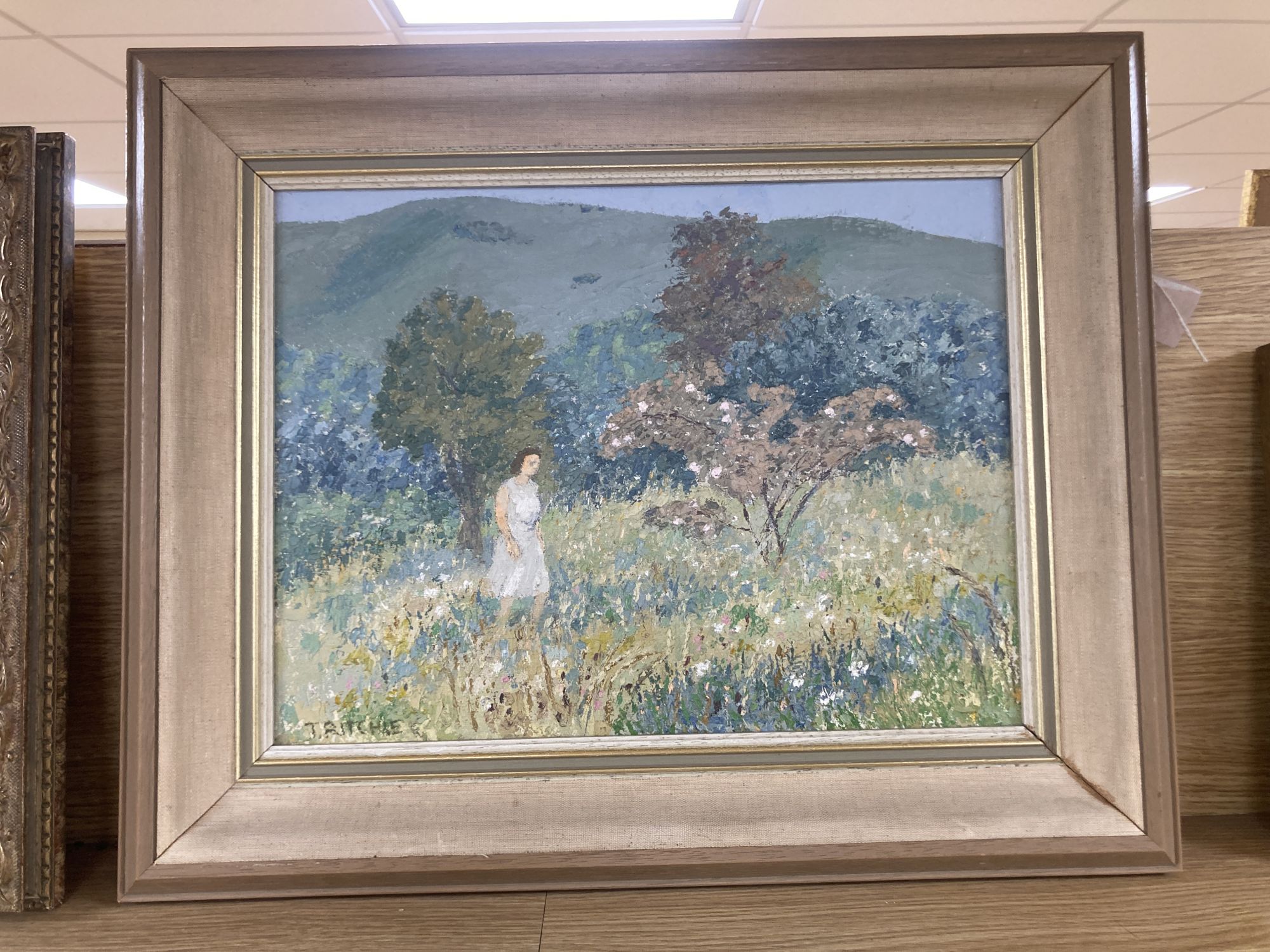Trekkie Ritchie (1902-), oil on board, Grassy hillside evening, signed, 29 x 39cm